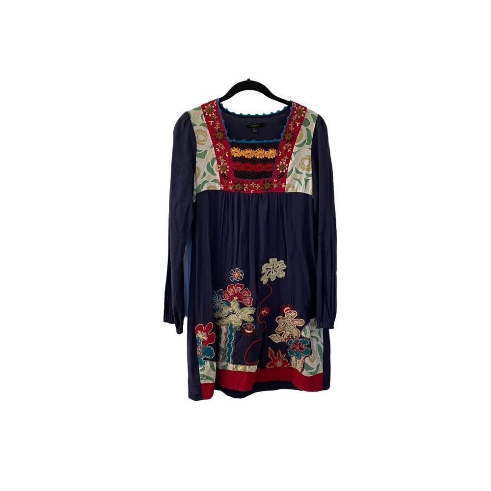 Double zero navy blue, long sleeve, floral embroidered dress size small ￼